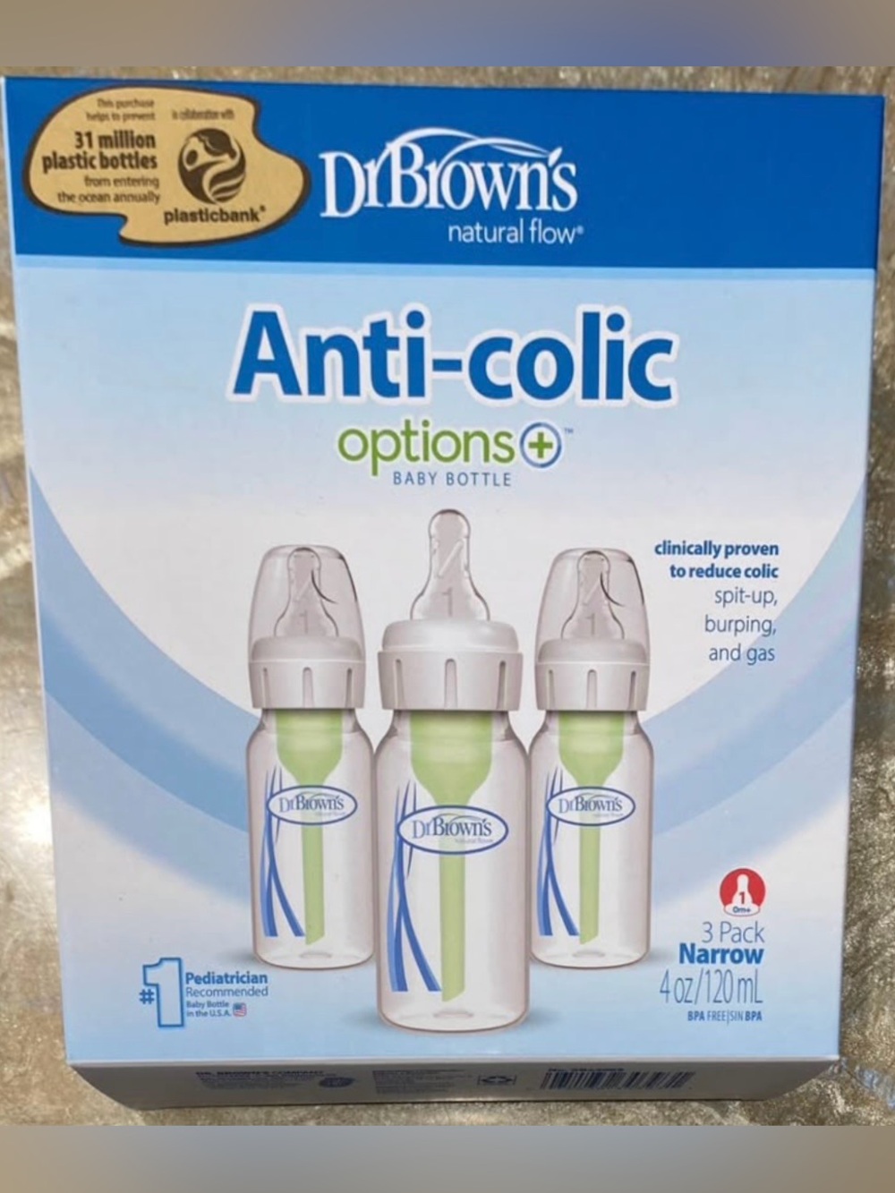 Dr. Brown’s Natural Flow Anti-Colic Options+ Narrow Baby Bottle, 4oz, 0m+ 3 Pack